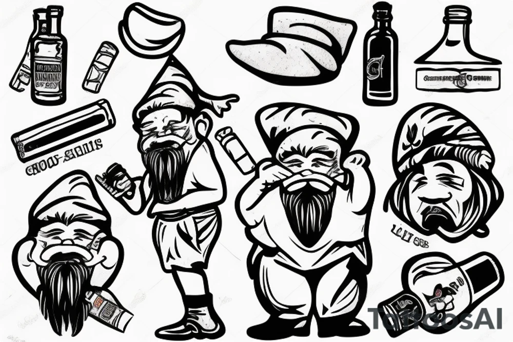 Gnome with a cigarette in his mouth and a bottle of alcohol in his hand tattoo idea