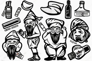 Gnome with a cigarette in his mouth and a bottle of alcohol in his hand tattoo idea