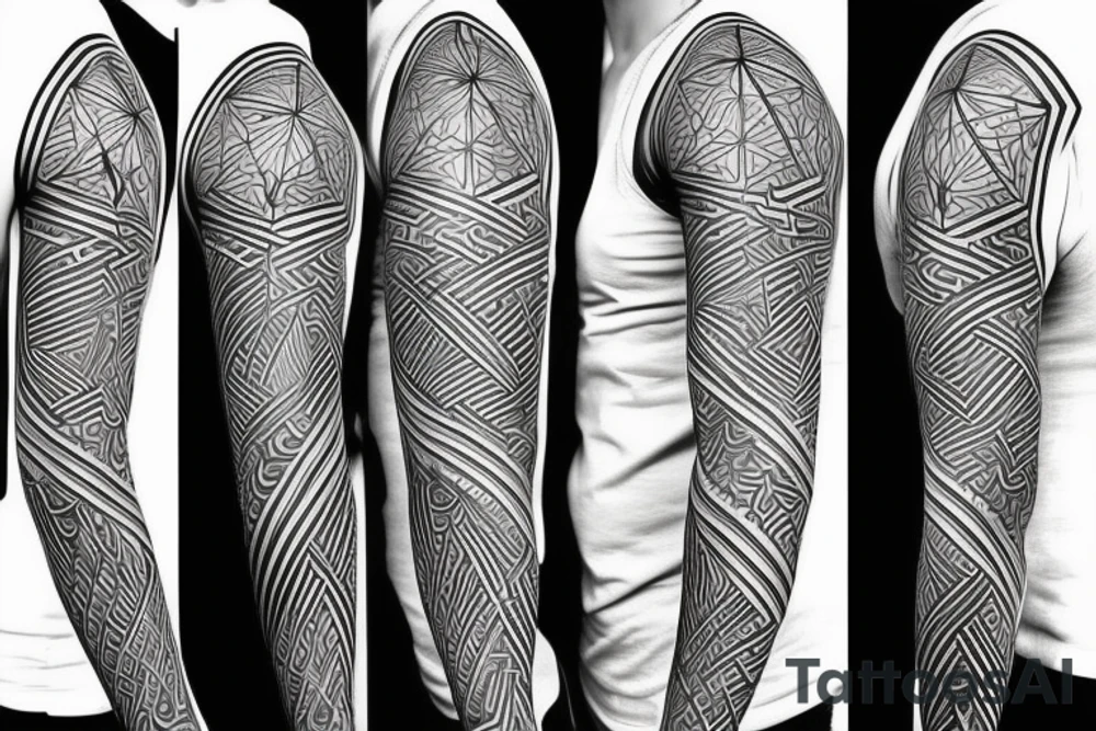 Full sleeve geometric lines with swords and anime minimalist tattoo idea Full sleeve geometric lines with swords and anime minimalist tattoo idea