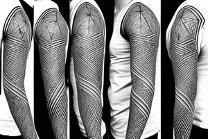 Full sleeve geometric lines with swords and anime minimalist tattoo idea