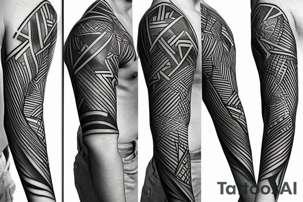 Full sleeve geometric lines with swords and anime minimalist tattoo idea