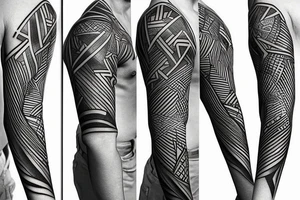 Full sleeve geometric lines with swords and anime minimalist tattoo idea