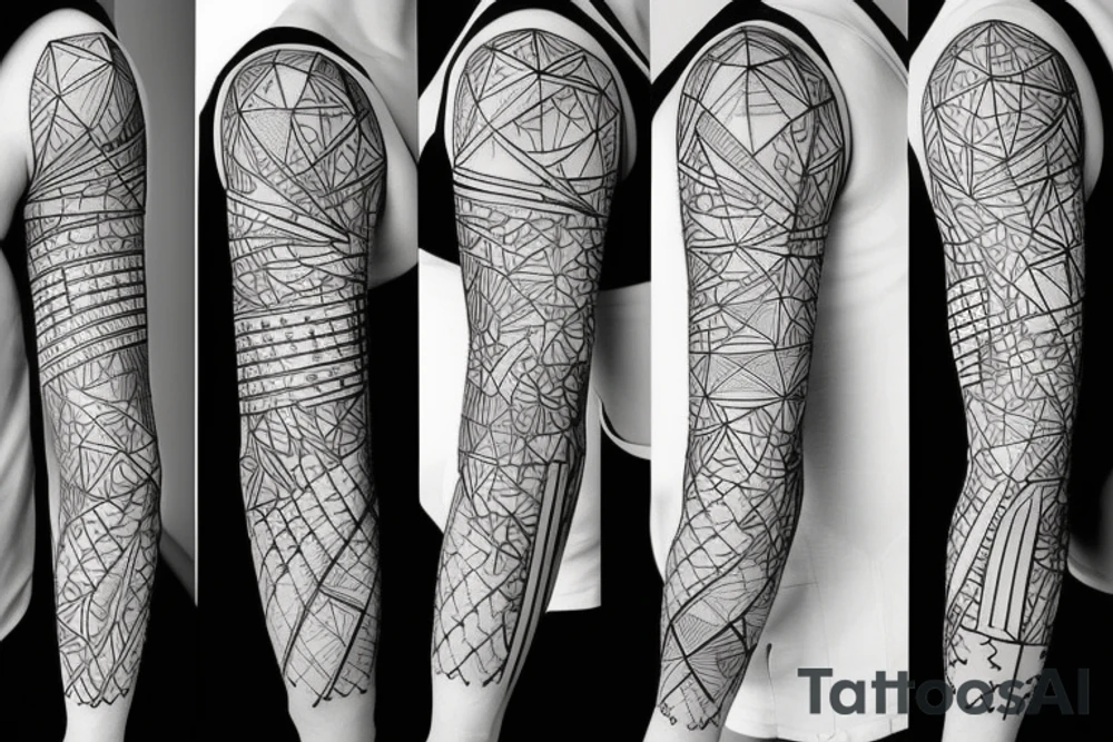 Full sleeve geometric lines with swords and anime minimalist tattoo idea