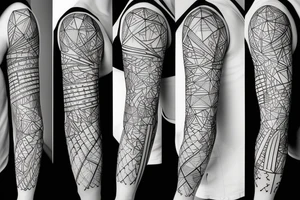 Full sleeve geometric lines with swords and anime minimalist tattoo idea