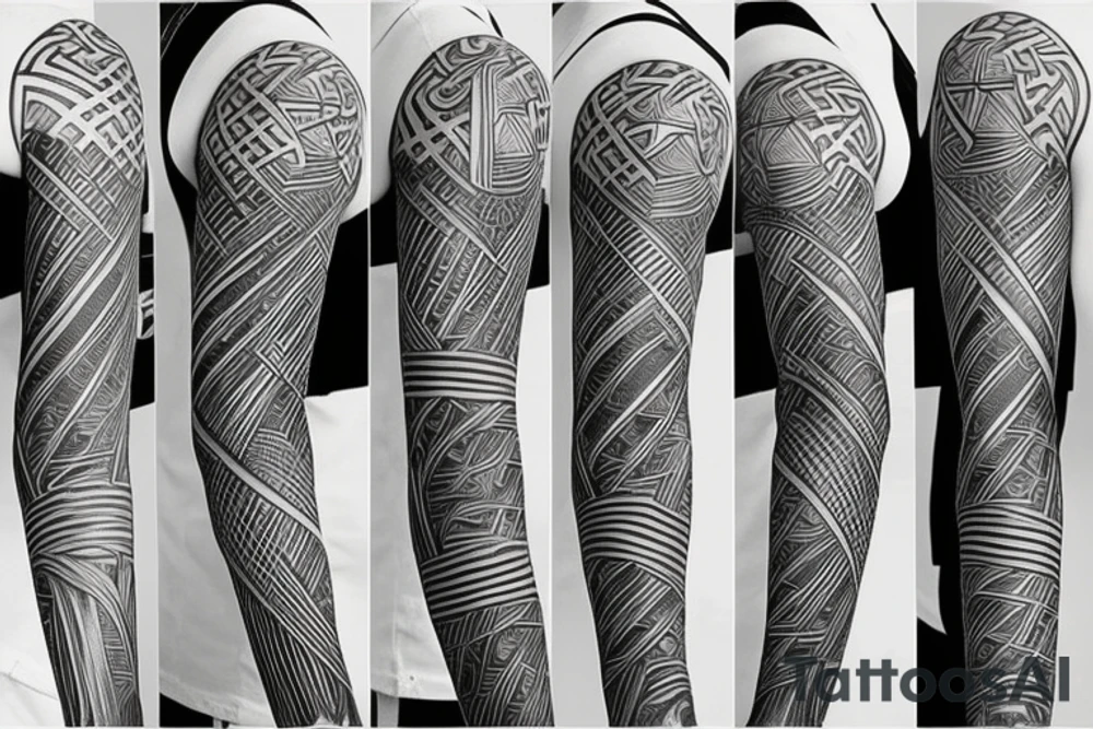 Full sleeve geometric lines with swords and anime minimalist tattoo idea
