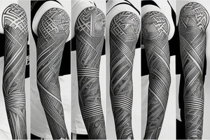 Full sleeve geometric lines with swords and anime minimalist tattoo idea