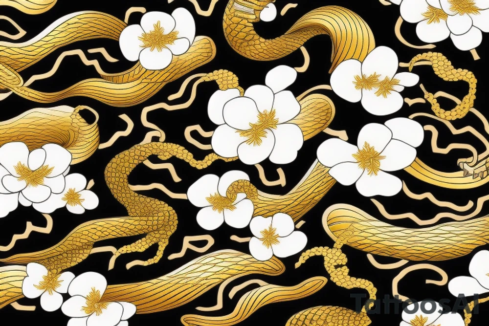 Japanese viper black and gold, waves, cherry blossoms, high quality, high resolution, 8K tattoo idea