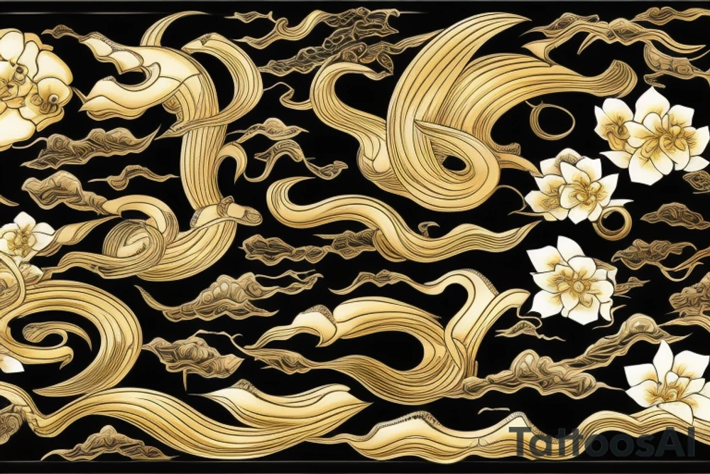 Japanese viper black and gold, waves, cherry blossoms, high quality, high resolution, 8K tattoo idea