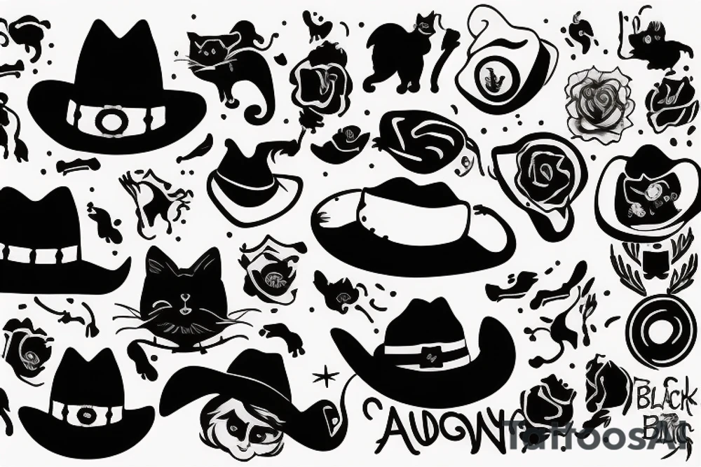 Black cat with a cowboy hat holding a small pistol tattoo idea