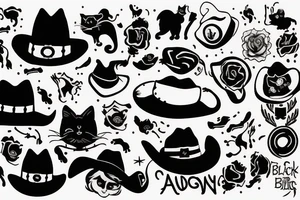 Black cat with a cowboy hat holding a small pistol tattoo idea