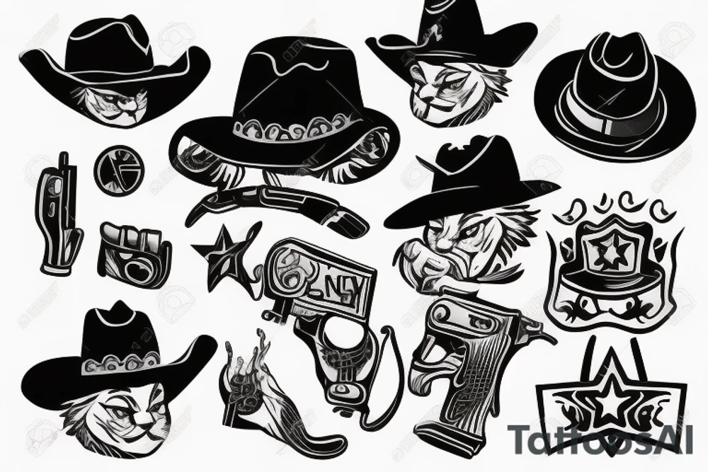 Black cat with a cowboy hat holding a small pistol tattoo idea