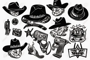 Black cat with a cowboy hat holding a small pistol tattoo idea