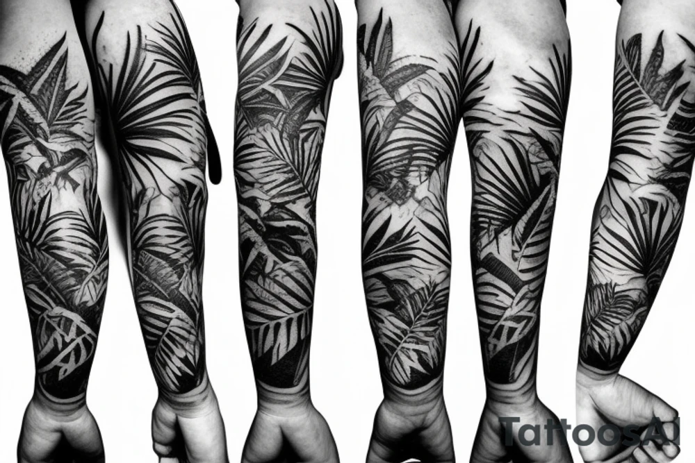 Travelling, jungle, forest tattoo sleeve tattoo idea