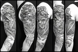 bali, scotland, jungle, forest, adventure sleeve tattoo idea