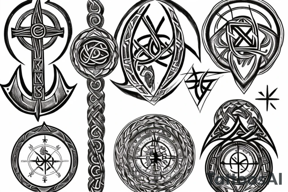 Yggdrasil, Vegvisir, The helm of Awe, Valknut, nordic compass and Runes M and L on arm tattoo idea