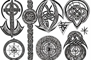 Yggdrasil, Vegvisir, The helm of Awe, Valknut, nordic compass and Runes M and L on arm tattoo idea