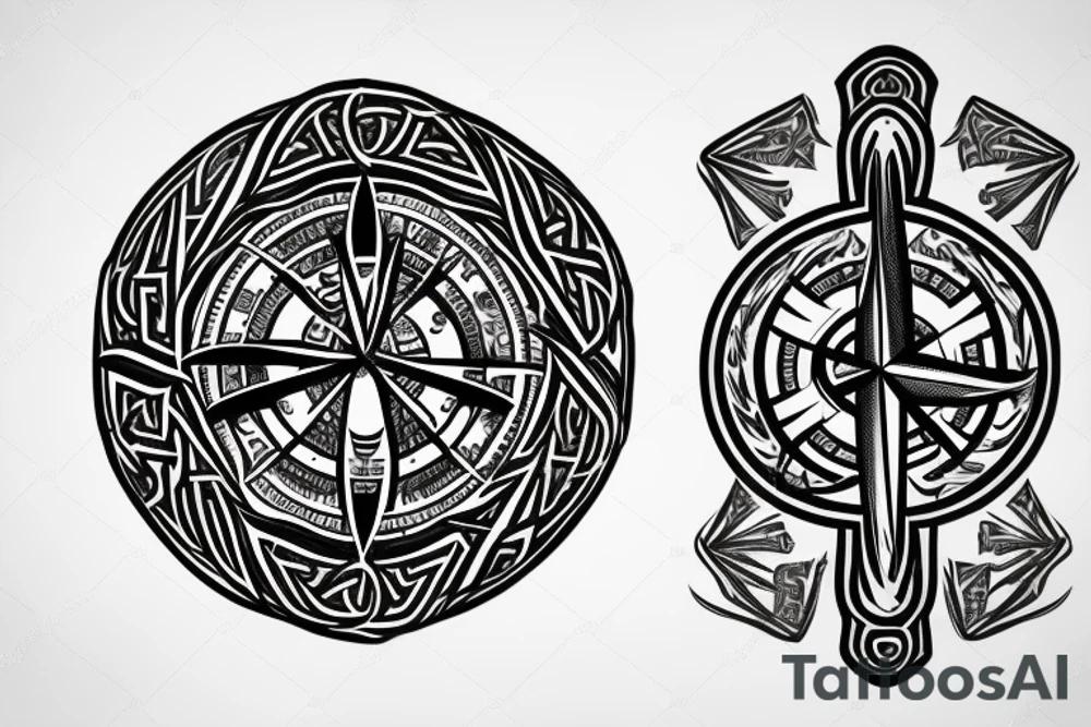 Yggdrasil, Vegvisir, The helm of Awe, Valknut, nordic compass and Runes M and L on arm tattoo idea