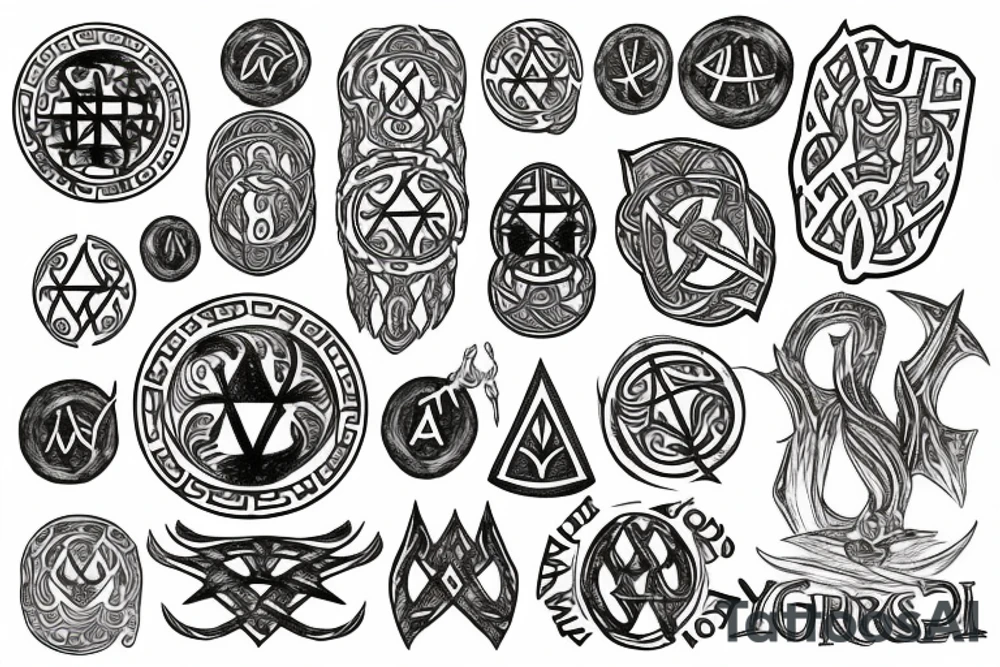 Yggdrasil, The helm of Awe, Vegvisir and Nordic Runes L and M combined tattoo idea