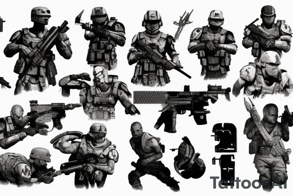 Tattoo depicting the video games Battlefield: Bad Company 2, Halo 3, God of War, Ghosts of Tsushima, and Rainbow Six Vegas 2 tattoo idea