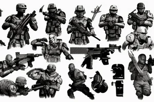 Tattoo depicting the video games Battlefield: Bad Company 2, Halo 3, God of War, Ghosts of Tsushima, and Rainbow Six Vegas 2 tattoo idea