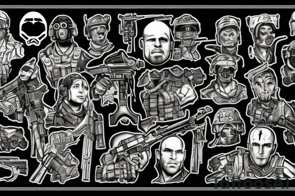 Tattoo depicting the video games Battlefield: Bad Company 2, Halo 3, God of War, Ghosts of Tsushima, and Rainbow Six Vegas 2 tattoo idea