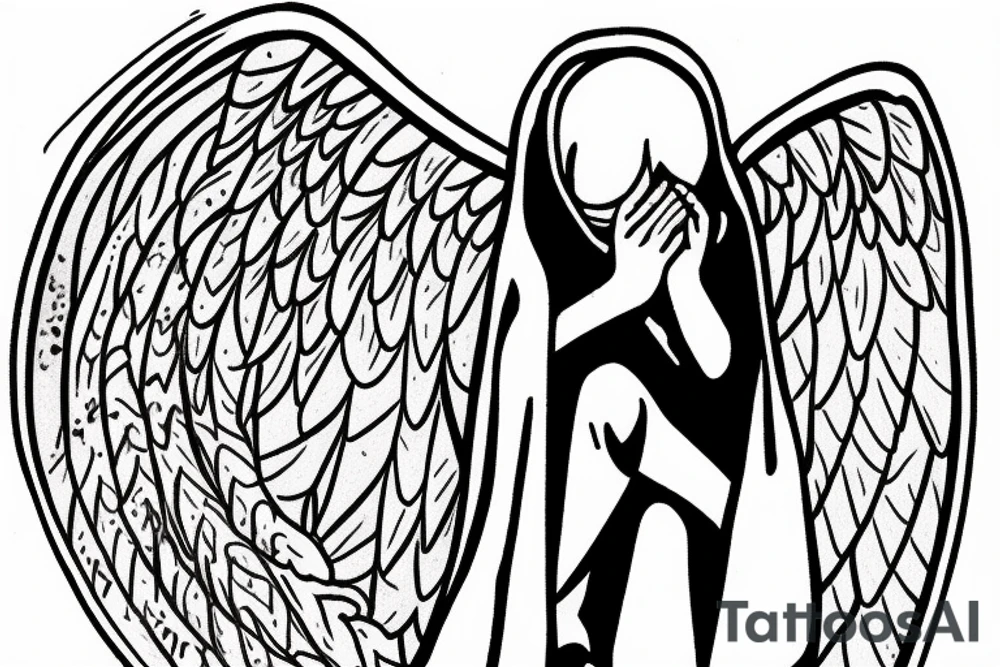 Angel in a hoodie crying wearing a cross tattoo idea