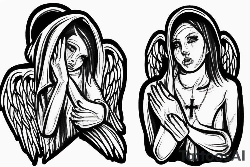 Angel in a hoodie crying wearing a cross tattoo idea