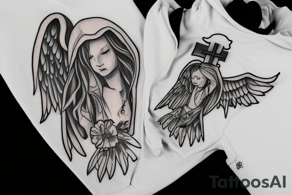 Angel in a hoodie crying wearing a cross tattoo idea
