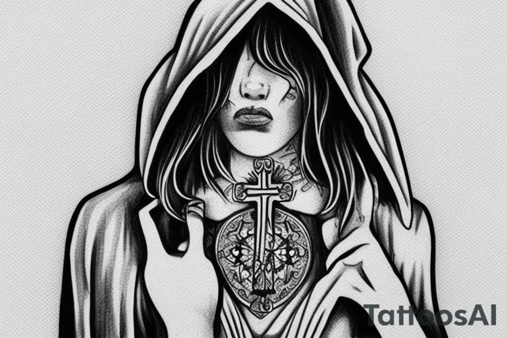 Angel in a hoodie crying wearing a cross tattoo idea