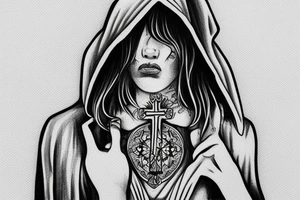 Angel in a hoodie crying wearing a cross tattoo idea