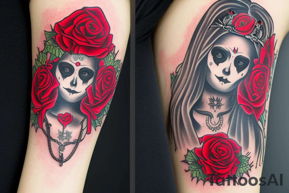 The goddess Santa Muerto in human form with a human heart in her hand , a rose in her hair and against a background of red roses tattoo idea