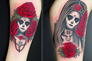 The goddess Santa Muerto in human form with a human heart in her hand , a rose in her hair and against a background of red roses tattoo idea