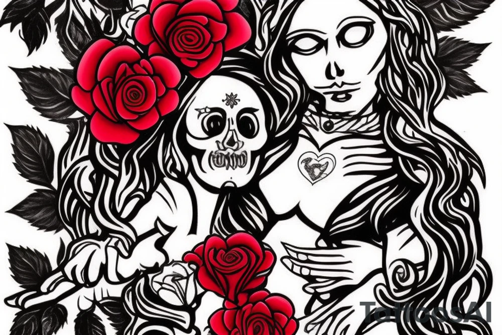 The goddess Santa Muerto in human form with a human heart in her hand , a rose in her hair and against a background of red roses tattoo idea