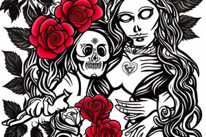The goddess Santa Muerto in human form with a human heart in her hand , a rose in her hair and against a background of red roses tattoo idea
