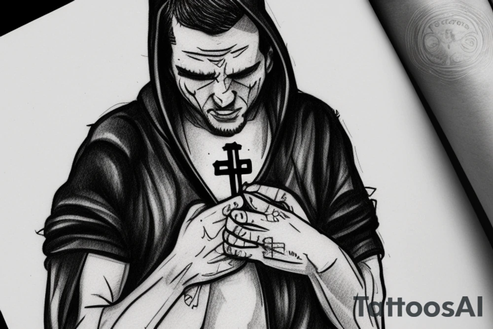 Man in a hoodie crying wearing a cross tattoo idea