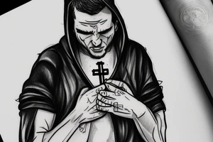Man in a hoodie crying wearing a cross tattoo idea