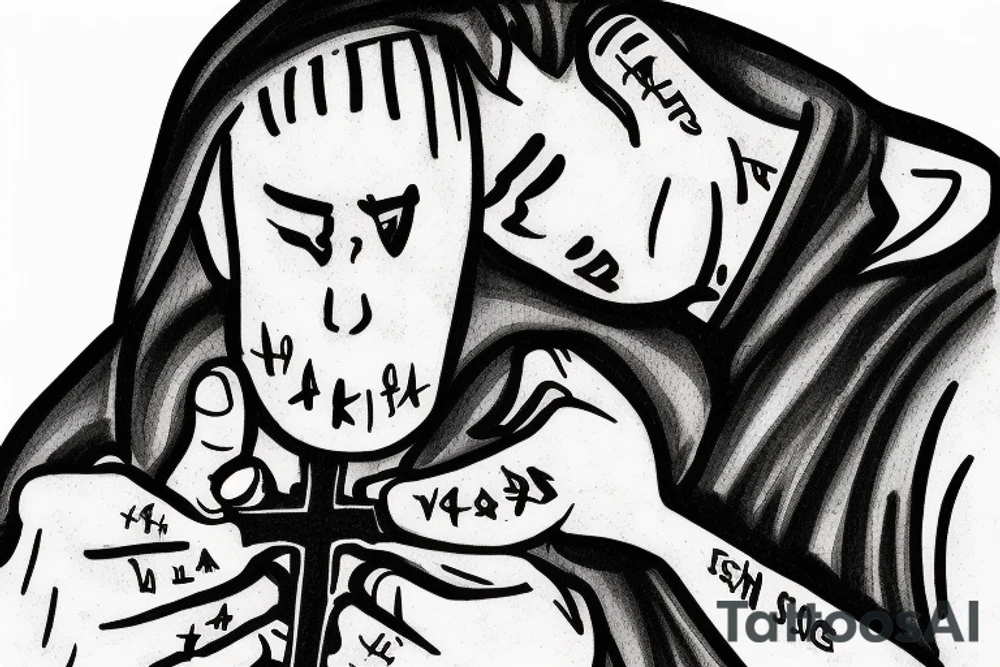 Man in a hoodie crying wearing a cross tattoo idea