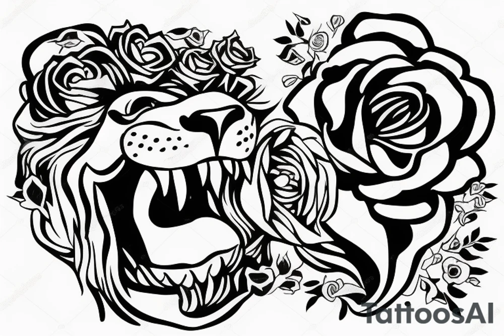 lion taking a rose in his mouth tattoo idea