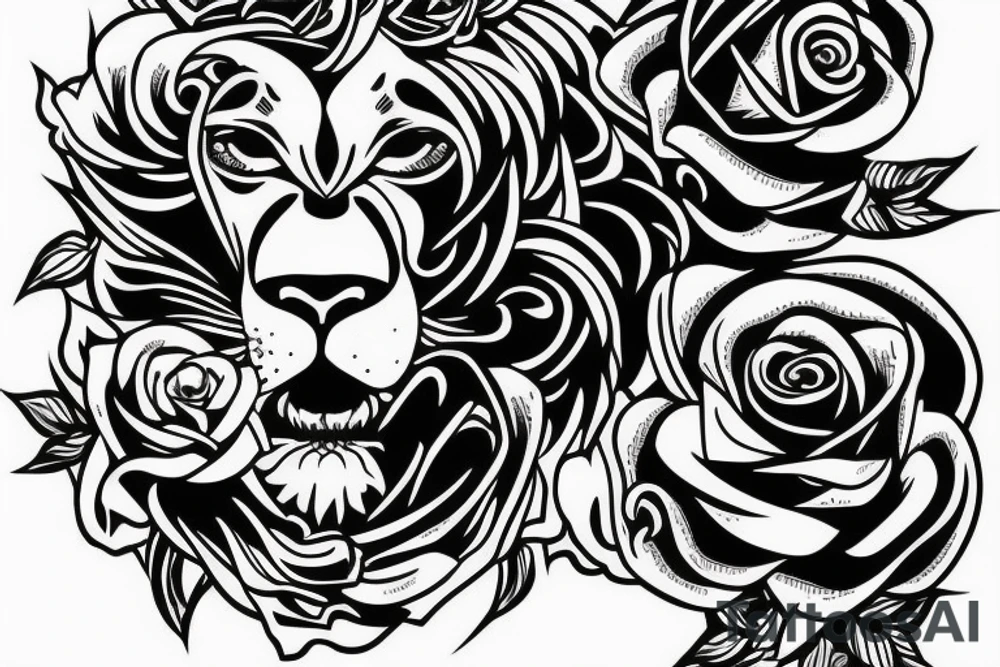 lion taking a rose in his mouth tattoo idea