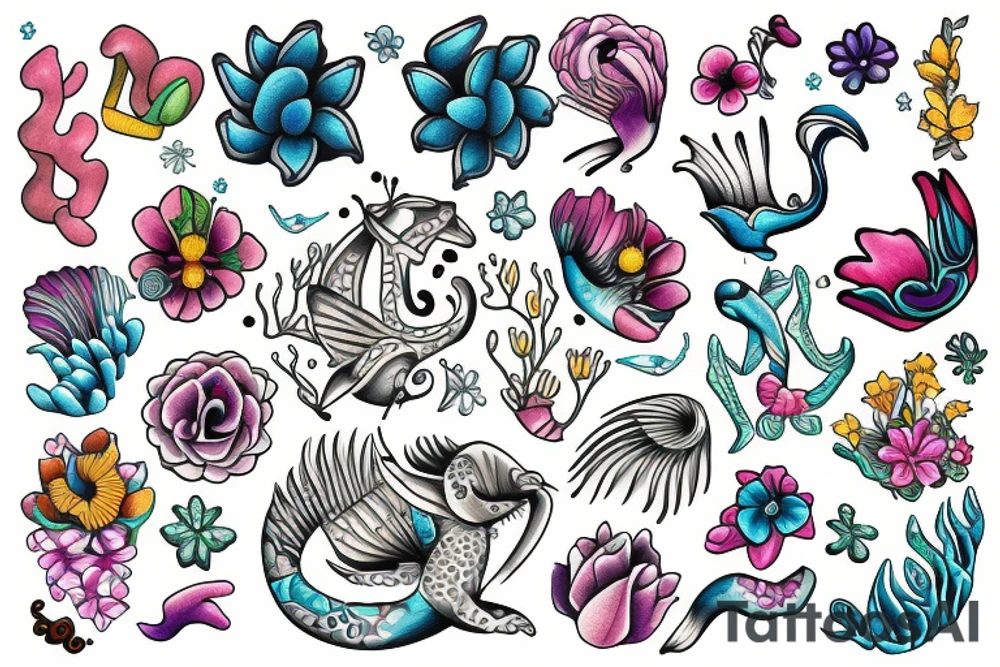 Harmony with ocean animals balance flowers tattoo idea