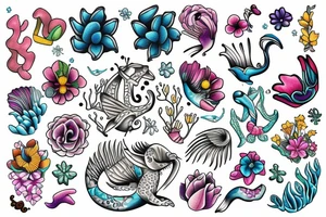 Harmony with ocean animals balance flowers tattoo idea