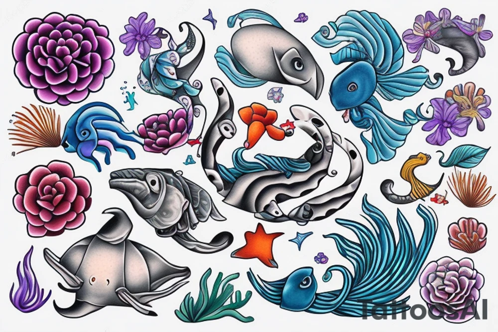 Harmony with ocean animals balance flowers tattoo idea