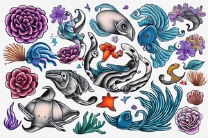 Harmony with ocean animals balance flowers tattoo idea