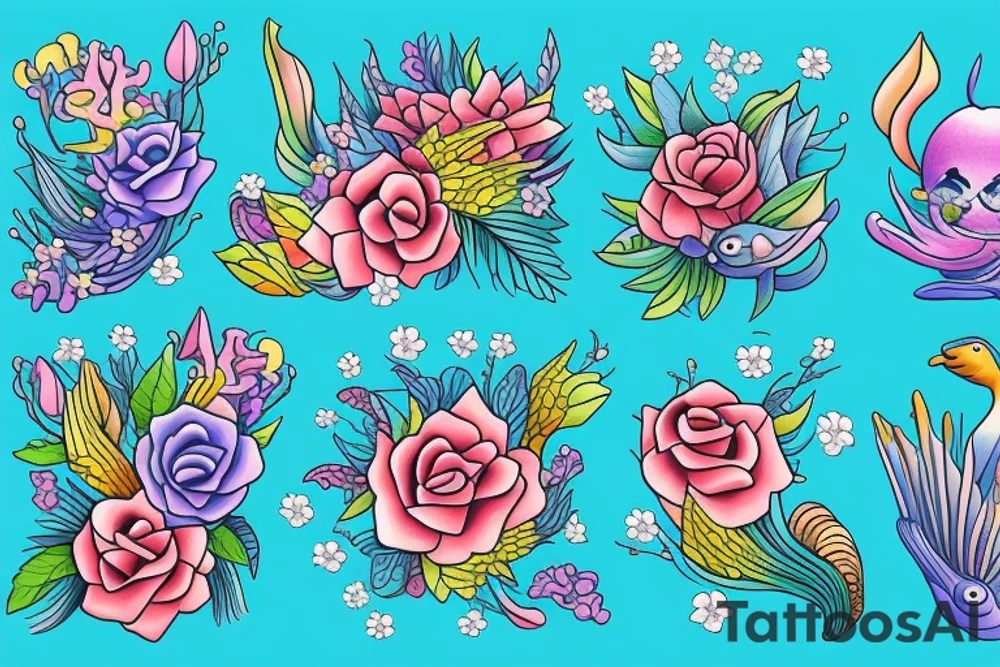 Harmony with ocean animals balance flowers tattoo idea