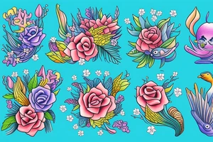 Harmony with ocean animals balance flowers tattoo idea