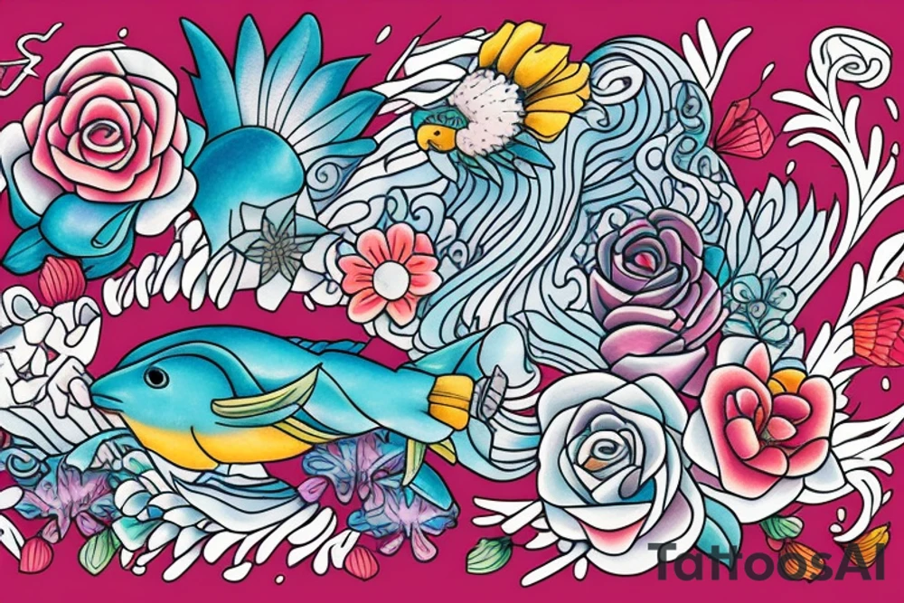 Harmony with ocean animals balance flowers tattoo idea