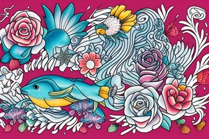Harmony with ocean animals balance flowers tattoo idea