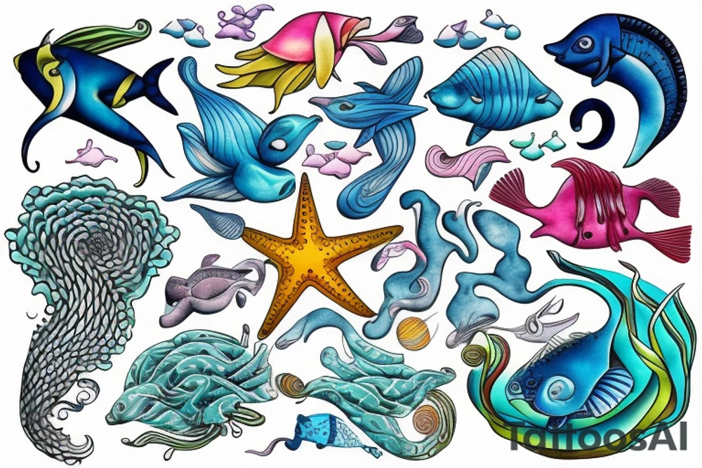 Harmony with ocean animals balance brain tattoo idea