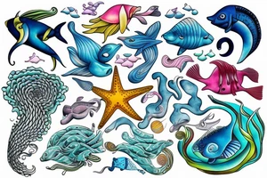Harmony with ocean animals balance brain tattoo idea