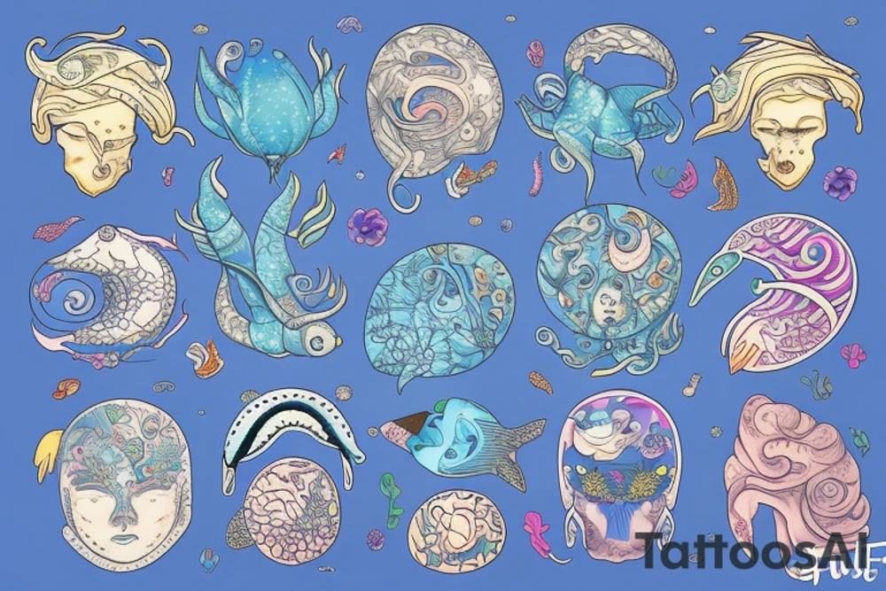 Harmony with ocean animals balance brain tattoo idea